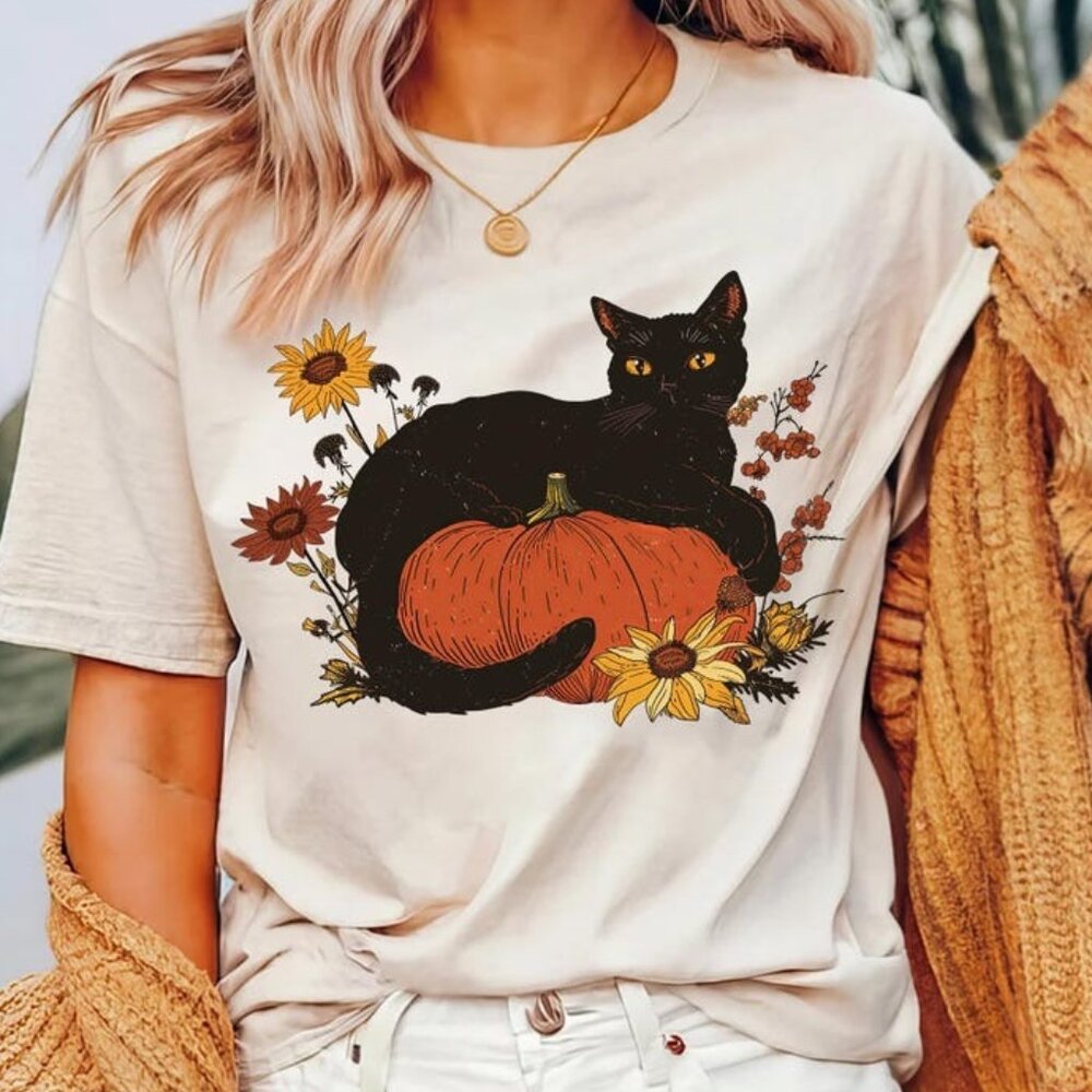 Cat Pumpkin Shirt, Retro Halloween Fall Season Tee